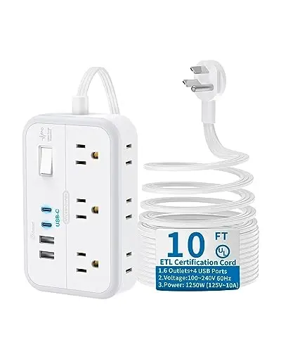 10 ft Flat Extension Cord, Flat Plug Power Strip with 6 Outlets 4 USB Ports, Wall Mounted Outlet Extender, Overload Protection for Indoor, Home, Office Supplies, Dorm Room Essentials - 2