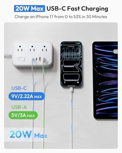 10 ft Flat Extension Cord, Flat Plug Power Strip with 6 Outlets 4 USB Ports, Wall Mounted Outlet Extender, Overload Protection for Indoor, Home, Office Supplies, Dorm Room Essentials - 1