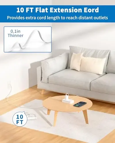 10 ft Flat Extension Cord, Flat Plug Power Strip with 6 Outlets 4 USB Ports, Wall Mounted Outlet Extender, Overload Protection for Indoor, Home, Office Supplies, Dorm Room Essentials - 3