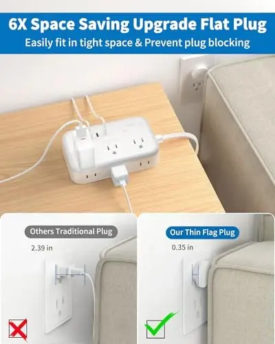 10 ft Flat Extension Cord, Flat Plug Power Strip with 6 Outlets 4 USB Ports, Wall Mounted Outlet Extender, Overload Protection for Indoor, Home, Office Supplies, Dorm Room Essentials - 4