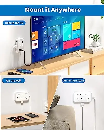 10 ft Flat Extension Cord, Flat Plug Power Strip with 6 Outlets 4 USB Ports, Wall Mounted Outlet Extender, Overload Protection for Indoor, Home, Office Supplies, Dorm Room Essentials - 5