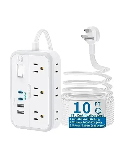 10 ft Flat Extension Cord, Flat Plug Surge Protector Power Strip with 6 Outlets 4 USB Ports, Wall Mounted Outlet Extender, Overload Protection for Indoor, Home, Office Supplies, Dorm Room Essentials - NTONPOWER
