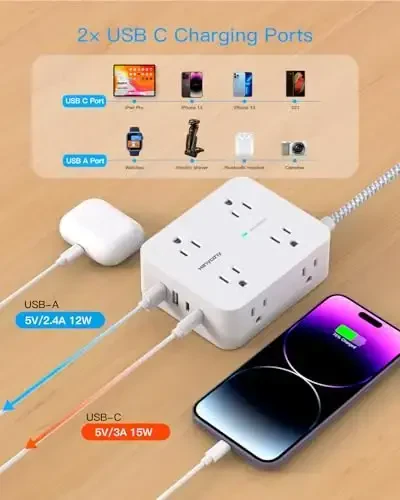 10 ft Uzaytirgich sim, HANYCONY 1080J kuchlanishdan himoya qiluvchi tok uzatgich 8 AC rozetka va 4 USB porti (2 USB-C) bilan, devorga o'rnatish, uy ofisi kolleji yotoqxonasi uchun stol usti zaryadlash stantsiyasi - 5
