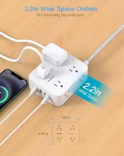 10 ft Uzaytirgich sim, HANYCONY 1080J kuchlanishdan himoya qiluvchi tok uzatgich 8 AC rozetka va 4 USB porti (2 USB-C) bilan, devorga o'rnatish, uy ofisi kolleji yotoqxonasi uchun stol usti zaryadlash stantsiyasi - 6