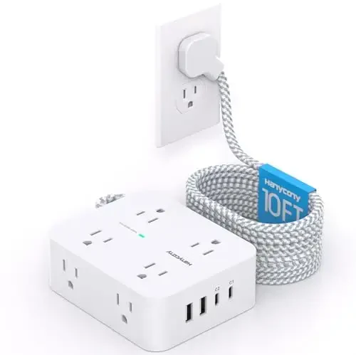 10 Ft Uzaytirish kabeli, bir nechta rozetkalar bilan, HANYCONY tekis vilkali elektr uzatgich surge himoyachisi 10 Ft uzun kabel, 8 rozetka 30W USB C zaryadlovchi (2 USB C), Kollej yotoqxonasi uchun ko'p vilkali rozetka - 1