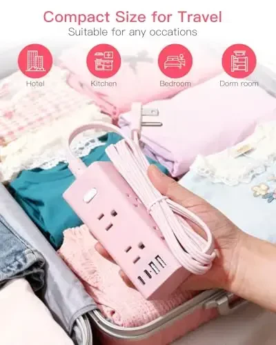 10 Ft Uzaytirish simi, ko'p chiqishli, tekis vilka, 10 Ft uzun simli aşırı gerilim koruyuculuq, 6 rozetka, 3 USB porti (1 USB C), sayohat, yotoqxona uchun ko'p rozetkali devor rozetkasi - pushti - 7