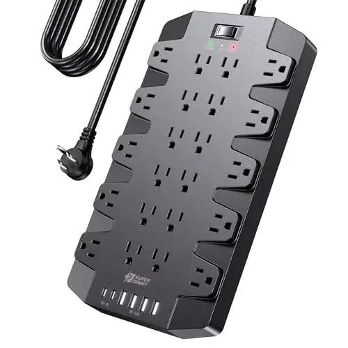 10 Ft Uzaytirish simi Quvvat chiziqlari kuchlanishdan himoya bilan, SUPERDANNY 22 rozetkali kuchlanishdan himoyalovchi, 2 USB-C va 4 USB-A, 2100J, 10Ft tekis vilka Og'ir yuk ko'taruvchi uzaytirish simi (1875W/15A) uy, ofis uchun - 1