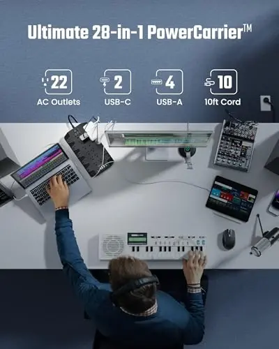 10 Ft Uzaytirish simi Quvvat chiziqlari kuchlanishdan himoya bilan, SUPERDANNY 22 rozetkali kuchlanishdan himoyalovchi, 2 USB-C va 4 USB-A, 2100J, 10Ft tekis vilka Og'ir yuk ko'taruvchi uzaytirish simi (1875W/15A) uy, ofis uchun - 2