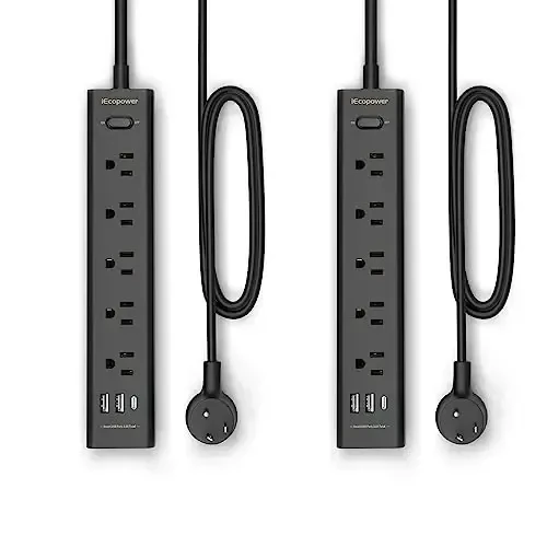 10FT Long Surge Protector Power Strip-with 5 Widely Outlets and 3 USB Ports(1 USB C Port),10 Foot Extension Cord(1250W/10A),Wall Mount for Home Office,700 J,Black(2 Pack) - 1