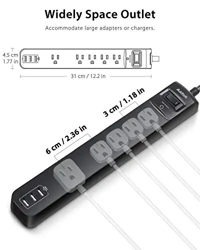 10Ft Long Surge Protector Power Strip - Extension Cord with Multiple Outlets, 5 Widely Outlets 3 USB Charging Ports, Flat Plug Overload Surge Protection, Wall Mount for Home, Office ETL Listed, 2 Pack - 3