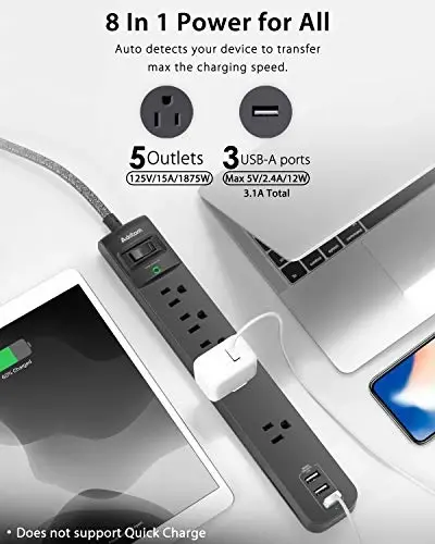 10Ft Long Surge Protector Power Strip - Extension Cord with Multiple Outlets, 5 Widely Outlets 3 USB Charging Ports, Flat Plug Overload Surge Protection, Wall Mount for Home, Office ETL Listed, 2 Pack - 4