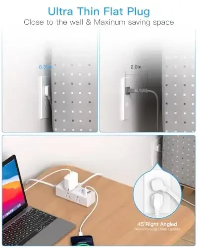 10 futli ko'p rozetkali uzatma simi, tekis vilka bilan jihozlangan tarmoq himoyachisi, 10 fut uzunlikdagi sim, 6 rozetka 3 USB port (1 USB C), sayohat, kollej, yotoqxonaga mo'ljallangan ko'p rozetkali devor vilkasi - 6