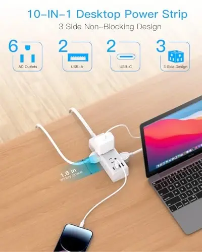 10 futli ko'p rozetkali uzatma simi, tekis vilka bilan jihozlangan tarmoq himoyachisi, 10 fut uzunlikdagi sim, 6 rozetka 3 USB port (1 USB C), sayohat, kollej, yotoqxonaga mo'ljallangan ko'p rozetkali devor vilkasi - 3