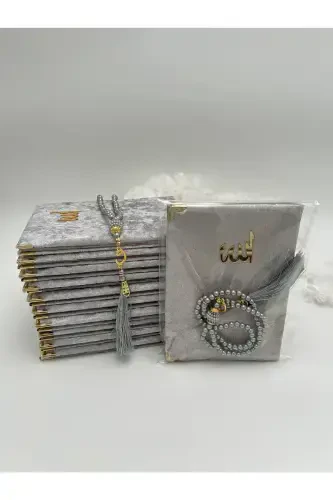 10 Grey Velvet Yaseen Book and Pearl Rosary Set in Cellophane (Mawlid-Hajj-Umrah-Circumcision) - GREY - 1