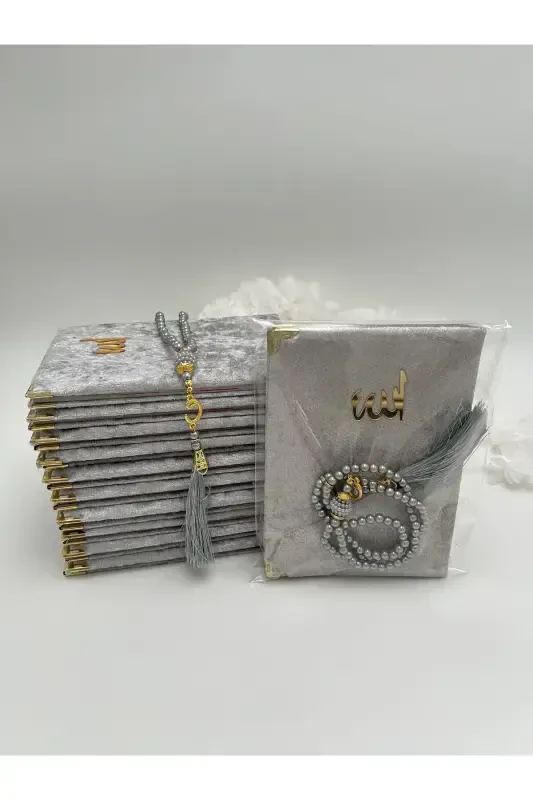 10 Grey Velvet Yaseen Book and Pearl Rosary Set in Cellophane (Mawlid-Hajj-Umrah-Circumcision) - GREY - 1