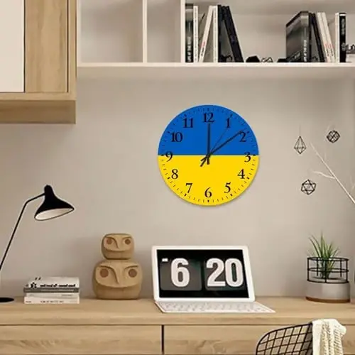 10 Inch Silent Non-Ticking Wall Clocks Battery Operated Ukraine Flag Home Decoration for Kitchen Tactical Nation Patriotic Modern Round Wooden Wall Clock Rustic for Auto Shop Workshop - 4