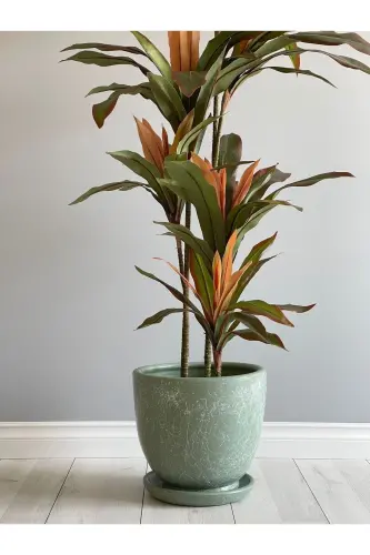 10 Liter Classic Pot with Drain Tray, Diameter: 25cm x Height: 23cm, Mia Mint Green Marble Pattern 