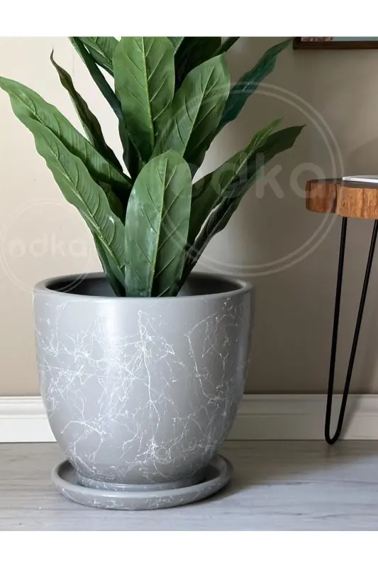 10 liter Pot with Saucer Diameter: 25cmx Height: 23cm Mia Granite White Marble Patterned-Granite White Marble Patterned - 2