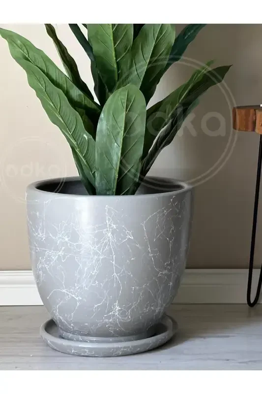 10 liter Pot with Saucer Diameter: 25cmx Height: 23cm Mia Granite White Marble Patterned-Granite White Marble Patterned - 1