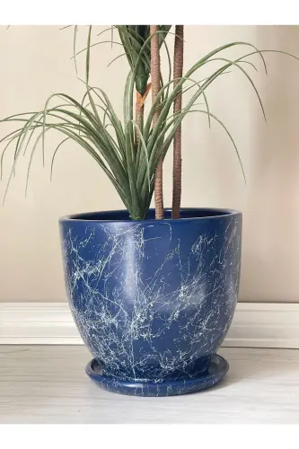 10 liter Pot with Saucer Diameter: 25cmx Height: 23cm Mia Night Blue Marble Patterned-Night Blue Marble Patterned 