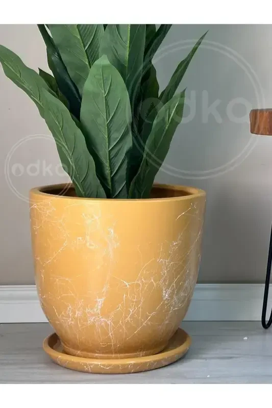 10 liter Pot with Saucer Diameter: 25cmx Height: 23cm Mia Yellow Marble Patterned - Yellow Marble Patterned - 1