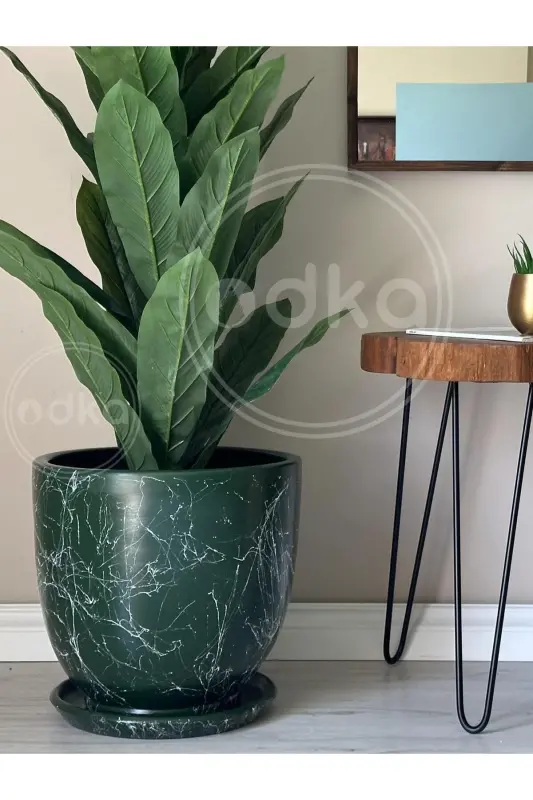 10 Litre Pot with Saucer Dia: 25cm x Height: 23cm Mia Dark Green Marble Pattern-Dark Green Marble Pattern - 2