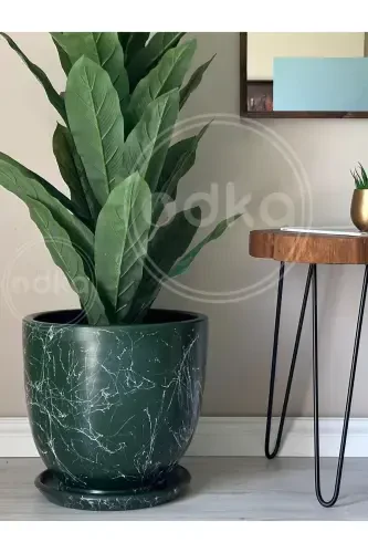 10 Litre Pot with Saucer Dia: 25cm x Height: 23cm Mia Dark Green Marble Pattern-Dark Green Marble Pattern - ODKA (1)