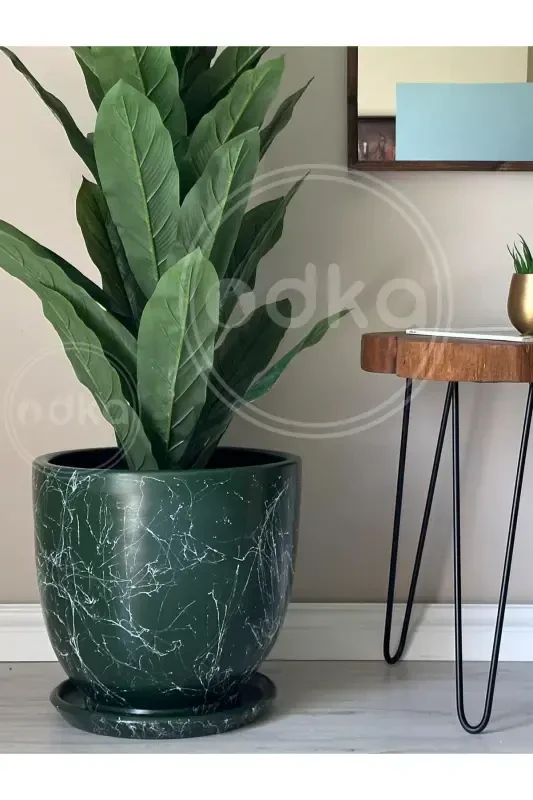 10 Litre Pot with Saucer Dia: 25cm x Height: 23cm Mia Dark Green Marble Pattern-Dark Green Marble Pattern - 2