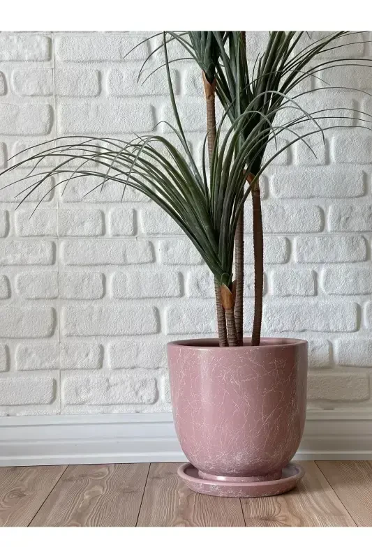 10 Litre Pot with Saucer Diameter: 25cm x Height: 23cm Mia Pink Marble Patterned - Powder Pink - 1