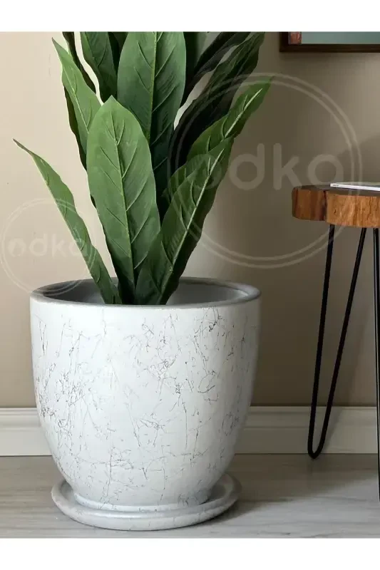 10 Litre Pot with Saucer Diameter: 25cmx Height: 23cm Mia White Silver Marble Patterned-White Silver Marble Patterned - 1