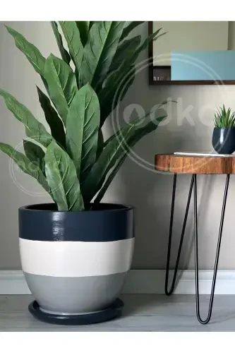 10litre Saksı Tabaklı Çap: 25cmx Yükseklik: 23cm Antrasit Ekru Granit-Antrasit Ekru Granit - 3