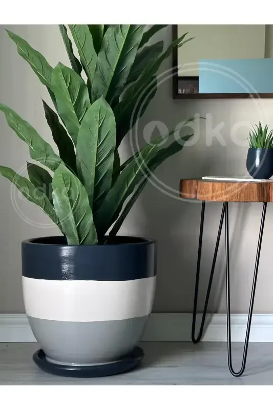 10litre Saksı Tabaklı Çap: 25cmx Yükseklik: 23cm Antrasit Ekru Granit-Antrasit Ekru Granit - 3