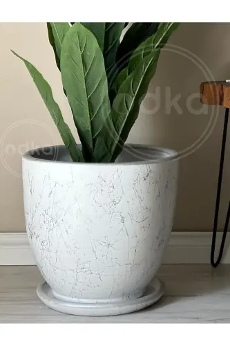10litre Saksı Tabaklı Çap: 25cmx Yükseklik: 23cm Mia Beyaz Gümüş Mermer Desenli-Beyaz Gümüş Mermer Desenli - ODKA (1)