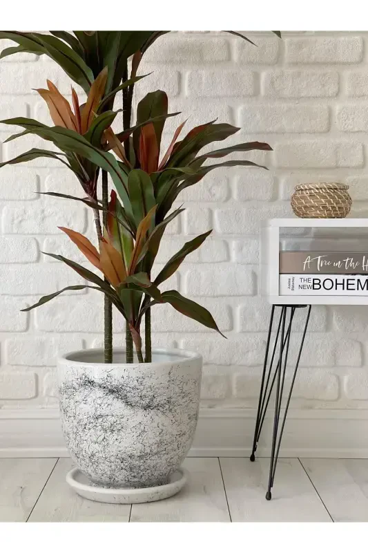 10litre Saksı Tabaklı Çap: 25cmx Yükseklik: 23cm Mia Beyaz Mermer Desenli-Beyaz Mermer Desenli - 1