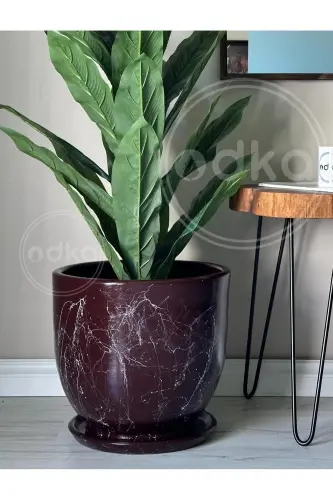 10litre Saksı Tabaklı Çap: 25cmx Yükseklik: 23cm Mia Bordo Mermer Desenli-Bordo Mermer Desenli 