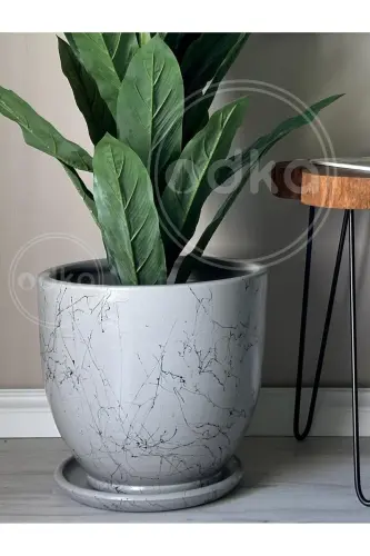 10litre Saksı Tabaklı Çap: 25cmx Yükseklik: 23cm Mia Gri Siyah Mermer Desenli-Granit Mermer Desenli - ODKA (1)