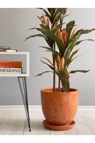 10litre Saksı Tabaklı Çap: 25cmx Yükseklik: 23cm Mia Kiremit Mermer Desenli Renk-Kiremit Mermer Desenli 