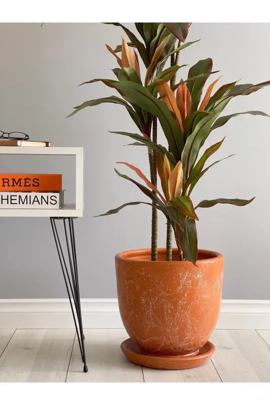 10litre Saksı Tabaklı Çap: 25cmx Yükseklik: 23cm Mia Kiremit Mermer Desenli Renk-Kiremit Mermer Desenli - 1