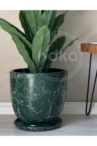 10litre Saksı Tabaklı Çap: 25cmx Yükseklik: 23cm Mia Koyu Yeşil Mermer Desenli-Koyu Yeşil Mermer Desenli 