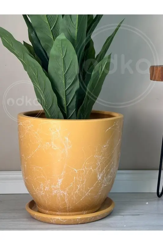 10litre Saksı Tabaklı Çap: 25cmx Yükseklik: 23cm Mia Sarı Mermer Desenli-Sarı Mermer Desenli - 1