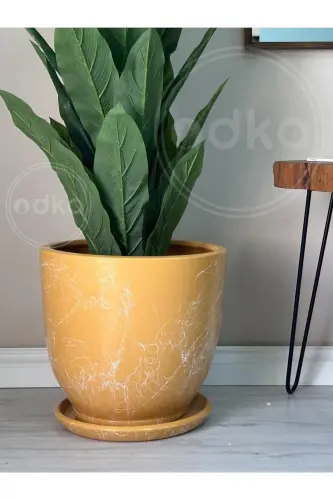 10litre Saksı Tabaklı Çap: 25cmx Yükseklik: 23cm Mia Sarı Mermer Desenli-Sarı Mermer Desenli - ODKA (1)