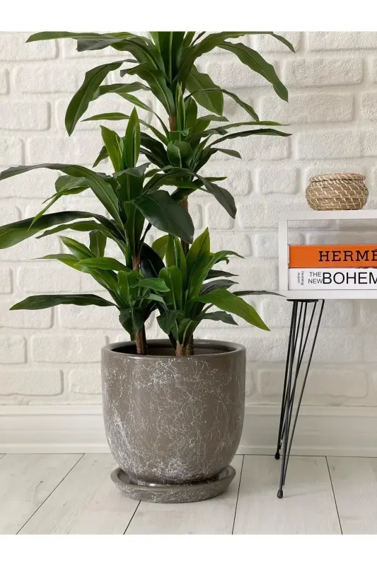 10litre Saksı Tabaklı Çap: 25cmx Yükseklik: 23cm Mia Vizon Mermer Desenli-Vizon Mermer Desenli - 3