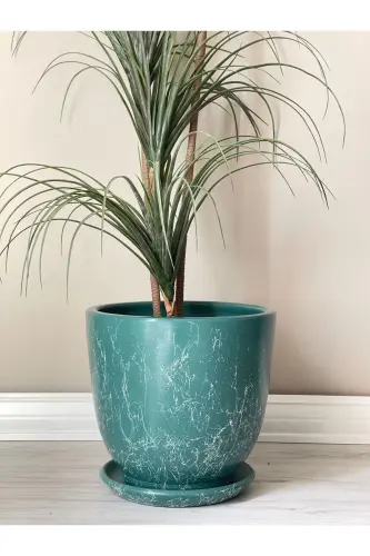 10litre Saksı Tabaklı Çap: 25cmx Yükseklik: 23cm Mia Zümrüt Yeşili Mermer Desenli-Zümrüt Mermer Desenli 