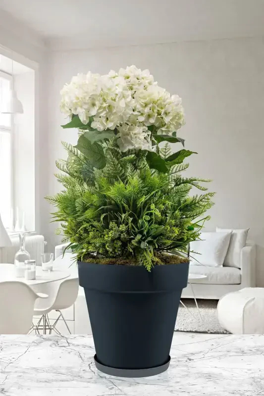 10 lt 28x26 cm. Matte Anthracite Gray Color Saucered Grilled Decorative Plastic Pot-10Lt Anthracite - 1