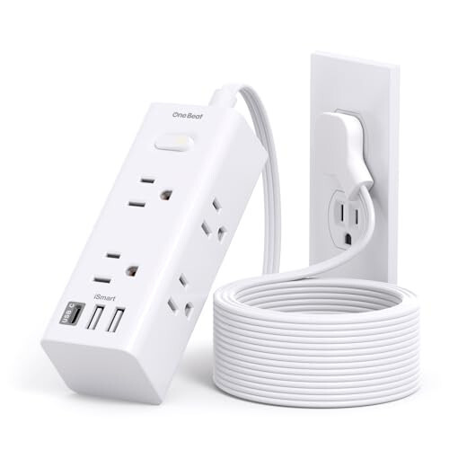 10 Metre Uzunlukta Çoklu Prizli Uzatma Kablosu, Düz Fişli Priz Koruyucu, 10 Metre Uzunluğunda Kablo, 6 Priz 3 USB Bağlantı Noktası (1 USB C), Seyahat, Kolej, Yurt Odası İçin Çoklu Priz Duvar Fişi - 1