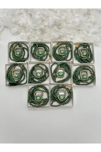 10 Mevlid-haj-umrah Souvenir Emerald Green Stone Zikirmatik And Tasbih Set Boxed 