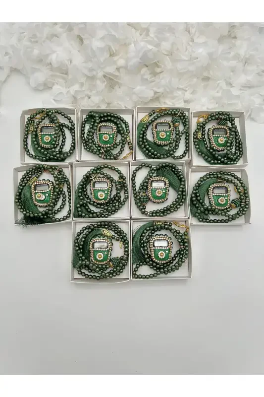 10 Mevlid-haj-umrah Souvenir Emerald Green Stone Zikirmatik And Tasbih Set Boxed - LENAGIFTWORKSHOP
