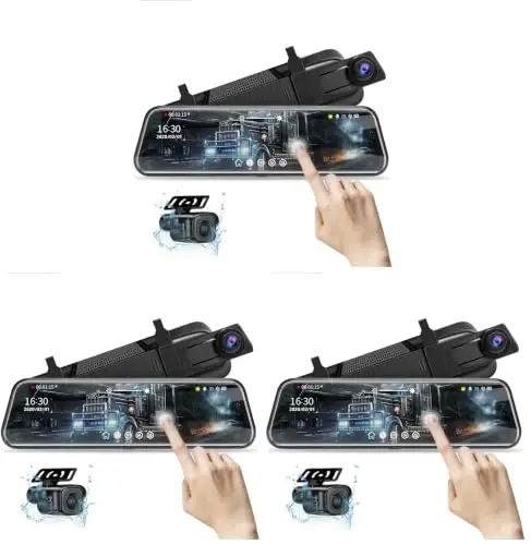 10'' Mirror Dash Cam Night Vision 1080P FHD Full Touch Screen Front and Rear View Backup Camera for Cars Loop Recording Streaming Media 170°Wide Angle Parking Assistance 6M Cable (Pack of 3) - 1