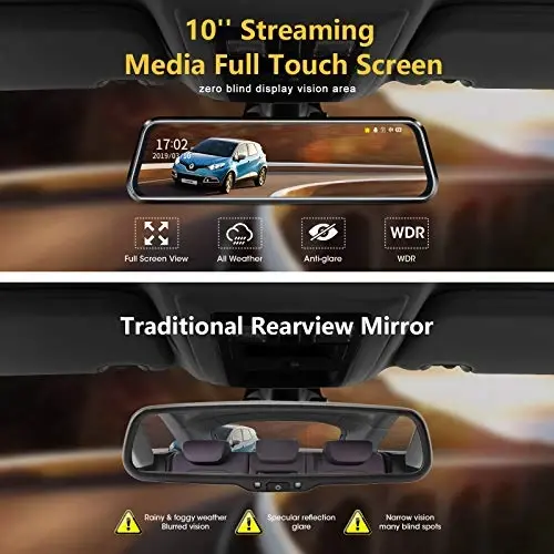 10'' Mirror Dash Cam Night Vision 1080P FHD Full Touch Screen Front and Rear View Backup Camera for Cars Loop Recording Streaming Media 170°Wide Angle Parking Assistance 6M Cable (Pack of 3) - 3