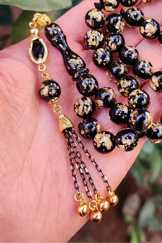 10 mm Altın Varaklı Pleksi Glass Uçak Camı Tesbih - Altın Parçacıklı Tespih - Siyah Küre - 3